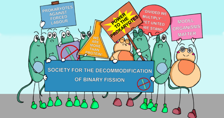 Biochemistry Cartoon Series: Bacteria and their eukaryotic buddies protesting against forced labour in the lab!